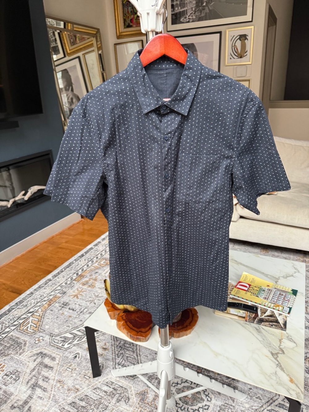 Men's Short-Sleeve Navy Dot Button-Up Shirt